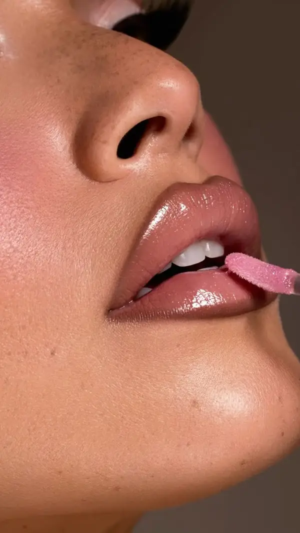 Perfil de una mujer con labios voluminosos y brillantes mientras se aplica gloss rosa con el aplicador, piel luminosa
